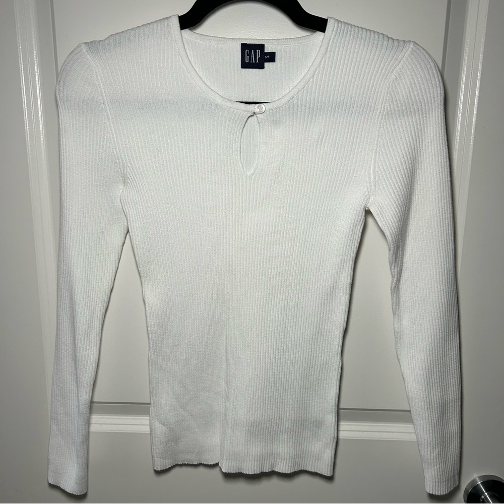 Vintage Gap White Keyhole Ribbed Long Sleeve Shirt Size S 100% Cotton